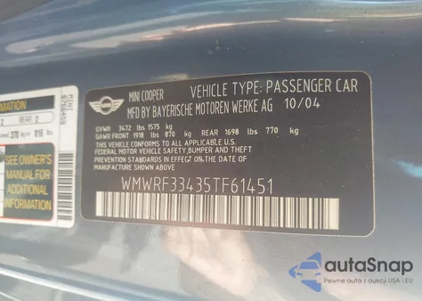 2005 Mini Cooper из США, поврежденный, VIN WMWRF33435TF61451